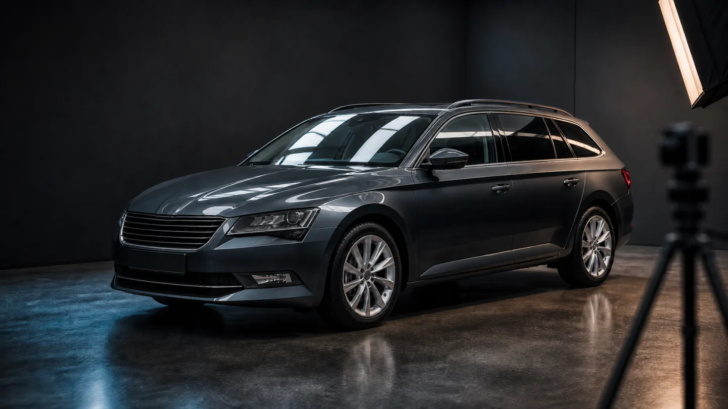 A graphite estate car prepared for sale between photography lights.