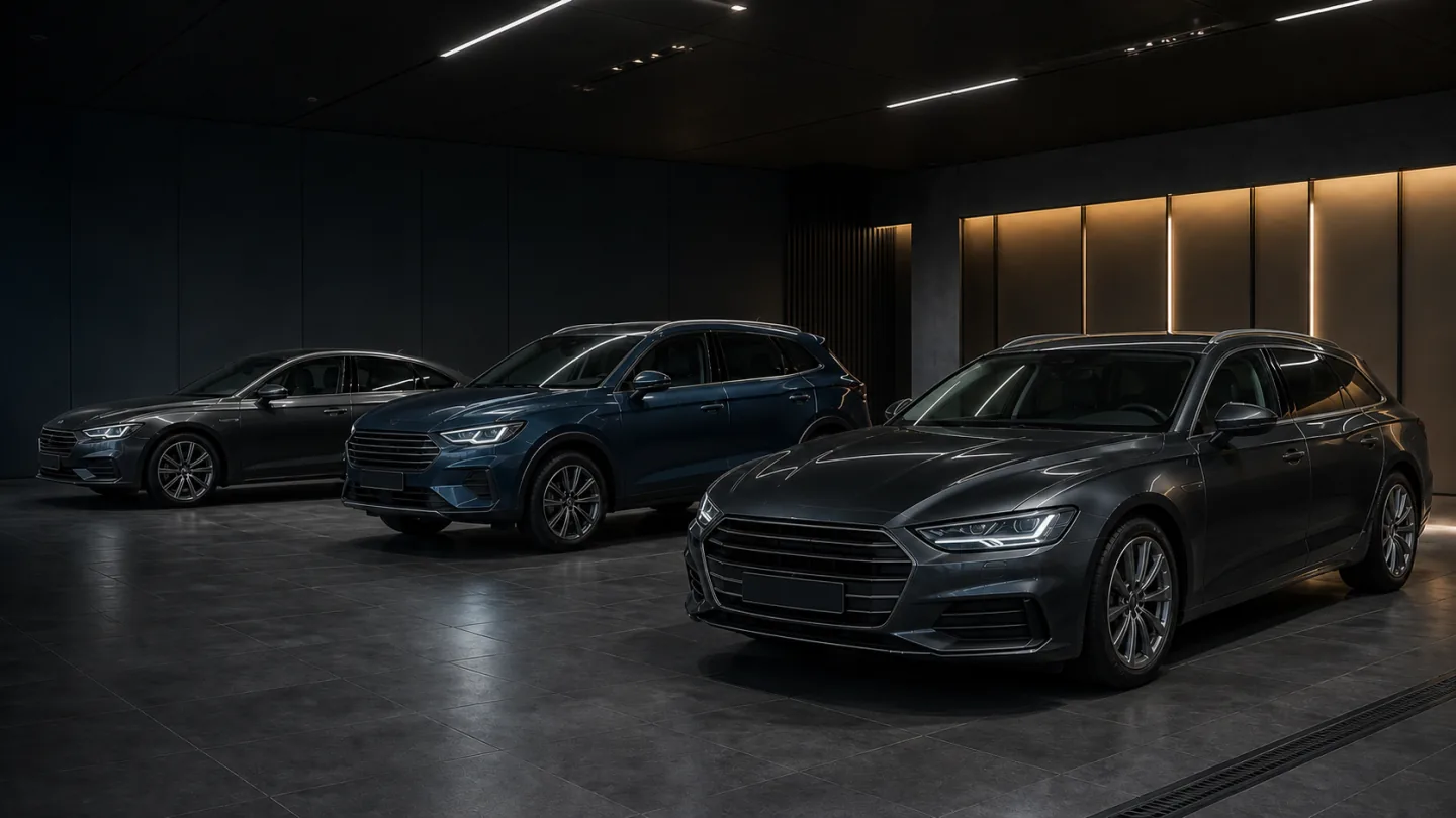 Three maintained business vehicles in a dark handover area.