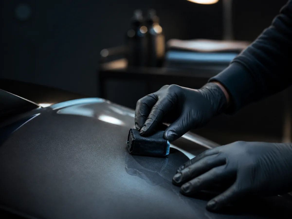 A detailer applies a protective coating to graphite paintwork.