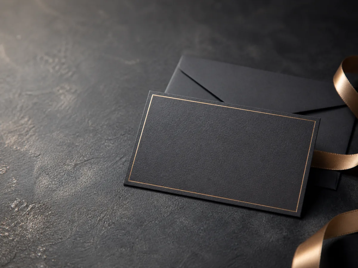 A charcoal gift card with a bronze border, envelope and ribbon.