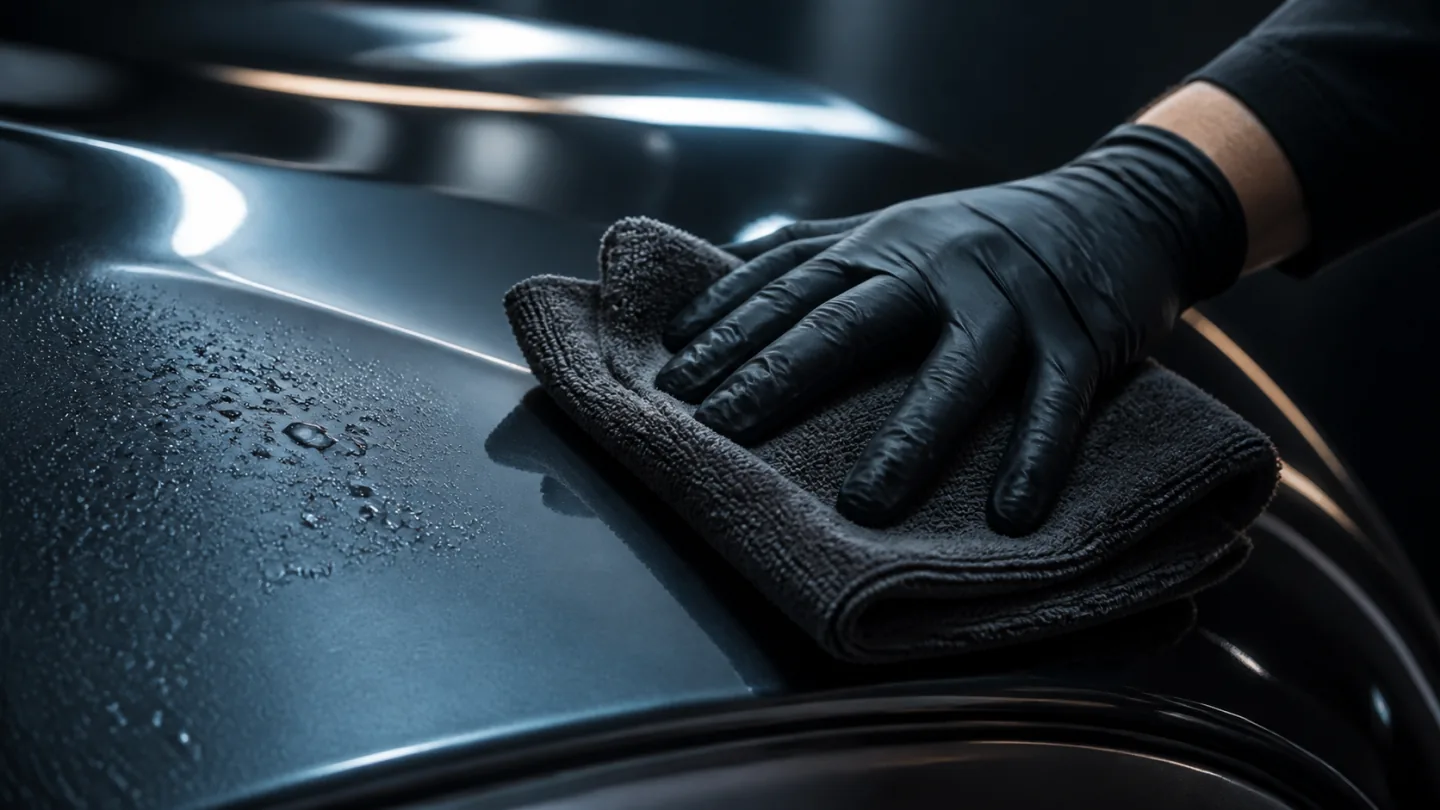 A detailer dries a graphite car body with a microfiber towel.